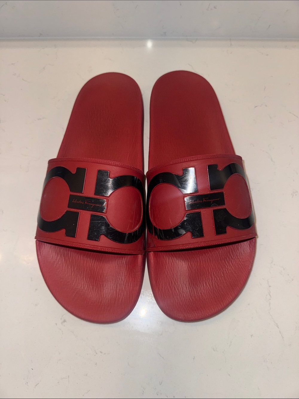 Salvatore Ferragamo Red and Black Gancini Slide Sandals